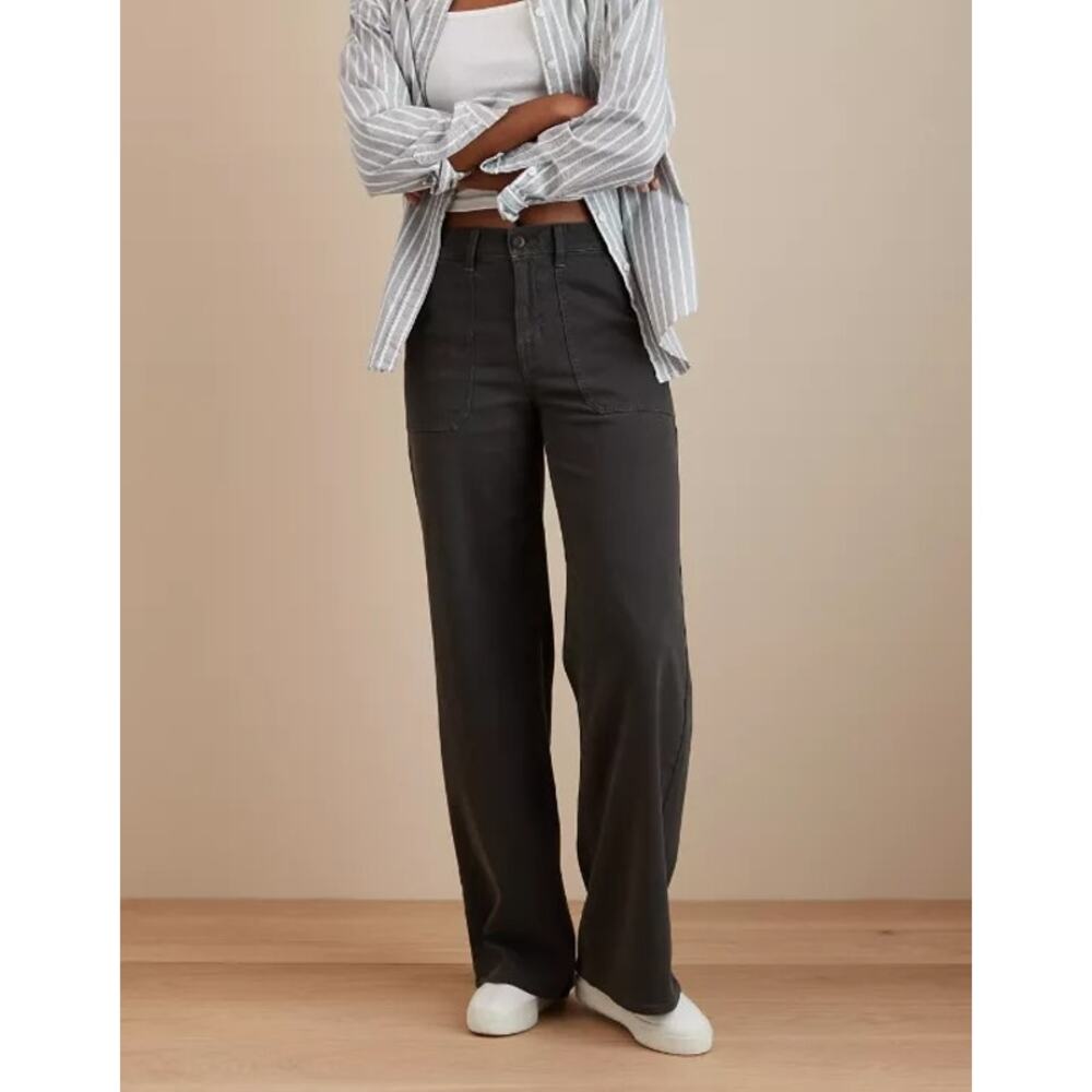 American Eagle Gray Dreamy Drape Super High-Waisted Baggy Wide-Leg Pants Women 0